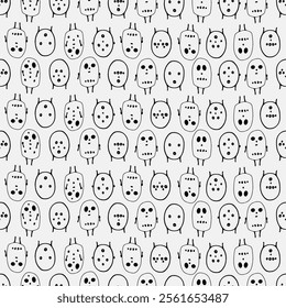 Funny Cartoon Monster Face Drawing Pattern. Halloween Holiday Party Print. Vector