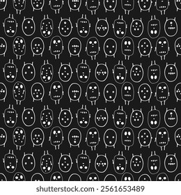 Funny Cartoon Monster Face Drawing Pattern. Halloween Holiday Party Print. Vector