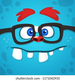 Funny cartoon monster face with eyeglasses. Vector Halloween monster square avatar