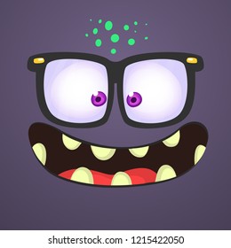 Funny cartoon monster face with eyeglasses. Vector Halloween monster square avatar