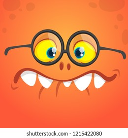 Funny cartoon monster face with eyeglasses. Vector Halloween monster square avatar