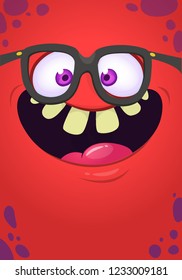 Funny cartoon monster face with eyeglasses. Vector Halloween monster square avatar