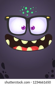 Funny cartoon monster face with eyeglasses. Vector Halloween monster square avatar