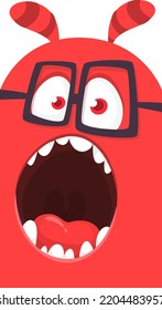 Funny cartoon monster face with eyeglasses.  Illustration of cute and happy monster expression. Halloween design. Great for party decoration 