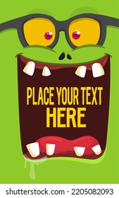 Funny cartoon monster face with eyeglasses. Illustration of cute and happy monster expression. Halloween design.Halloween design element for banner, postcard, poster, package or decoration