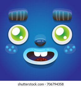 Funny cartoon monster face, Halloween blue monster avatar, mask, smiley, vector.