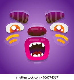 Funny cartoon monster face, Halloween purple monster avatar, mask, smiley, vector.
