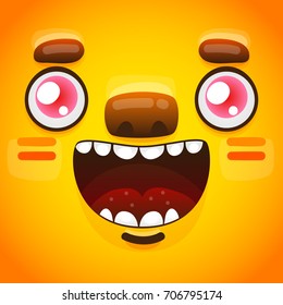 Funny cartoon monster face, Halloween orange monster avatar, mask, smiley, vector.