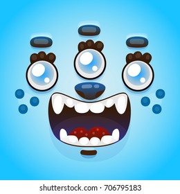 Funny cartoon monster face, Halloween blue monster avatar, mask, smiley, vector.