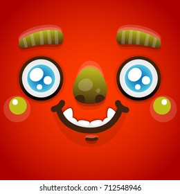 Funny cartoon monster face, Halloween red monster, avatar, mask, smiley, vector.
