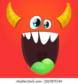 Funny cartoon monster face. Illustration of cute and happy mythical alien creature expression. Halloween design. Great for party decoration or package design