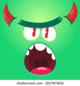Funny cartoon monster face. Illustration of cute and happy mythical alien creature expression. Halloween design. Great for party decoration or package design