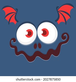 Funny cartoon monster face. Illustration of cute and happy mythical alien creature expression. Halloween design. Great for party decoration or package design