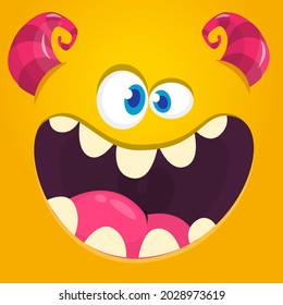Funny cartoon monster face. Illustration of cute and happy mythical alien creature expression. Halloween design. Great for party decoration or package design
