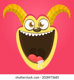 Funny cartoon monster face. Illustration of cute and happy mythical alien creature expression. Halloween design. Great for party decoration or package design