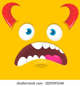 Funny cartoon monster face. Illustration of cute and happy mythical alien creature expression. Halloween design. Great for party decoration or package design