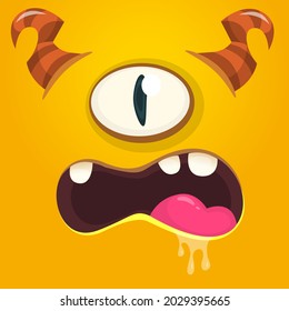 Funny cartoon monster face. Illustration of cute and happy mythical alien creature expression. Halloween design. Great for party decoration or package design