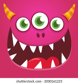 Funny cartoon monster face. Illustration of cute and happy mythical alien creature expression. Halloween design. Great for party decoration or package design