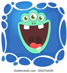 Funny cartoon monster face. Illustration of cute and happy mythical alien creature expression. Halloween design. Great for party decoration or package design