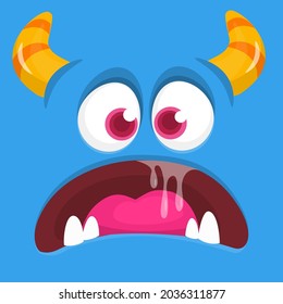 Funny cartoon monster face. Illustration of cute and happy mythical alien creature expression. Halloween design. Great for party decoration or package design