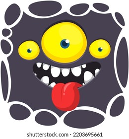 Funny cartoon monster face. Illustration of cute and happy alien creature expression. Halloween design. Great for party decoration or package design