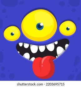 Funny cartoon monster face. Illustration of cute and happy alien creature expression. Halloween design. Great for party decoration or package design