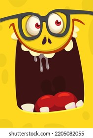 Funny cartoon monster face.  Illustration of cute and happy monster expression. Halloween design. Great for party decoration 