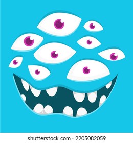 Funny cartoon monster face. Illustration of cute and happy alien creature expression. Halloween design. Great for party decoration or package design