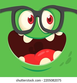 Funny cartoon monster face.  Illustration of cute and happy monster expression. Halloween design. Great for party decoration 