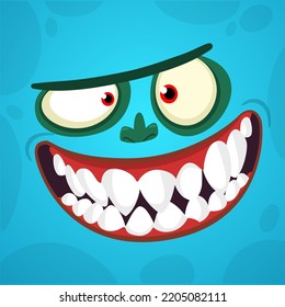 Funny cartoon monster face.  Illustration of cute and happy monster expression. Halloween design. Great for party decoration 