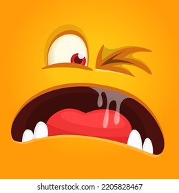 Funny cartoon monster face.  Illustration of cute and happy monster expression. Halloween design. Great for party decoration 
