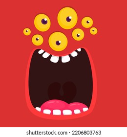 Funny cartoon monster face. Illustration of cute and happy alien creature expression. Halloween design. Great for party decoration or package design