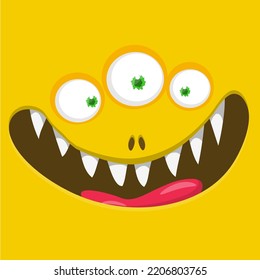 Funny cartoon monster face. Illustration of cute and happy alien creature expression. Halloween design. Great for party decoration or package design