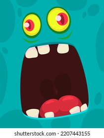 Funny cartoon monster face.  Illustration of cute and happy monster expression. Halloween design. Great for party decoration 