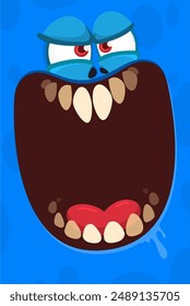 Funny cartoon monster face. Illustration of cute and happy monster expression. Halloween design.