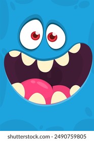 Funny cartoon monster face. Illustration of cute and happy monster expression. Halloween design.