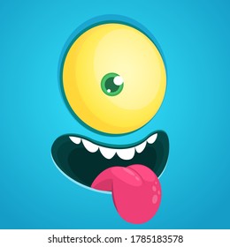 Funny cartoon monster face with one eye. Vector Halloween monster square avatar