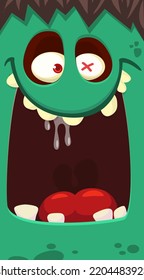 Funny cartoon monster face with opened mouth.  Illustration of cute and happy monster expression. Halloween design. Great for party decoration 