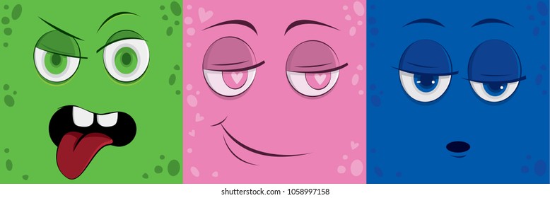 Funny cartoon monster face set. Emotion illustration
