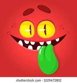 Funny Cartoon Monster Face Showing Tongue. Vector Halloween Red Monster Avatar