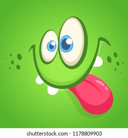 Funny cartoon monster face showing tongue. Vector Halloween green silly monster avatar