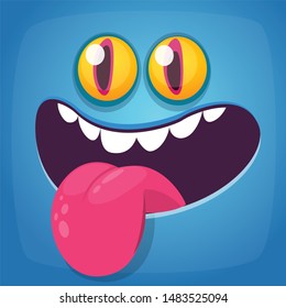 Funny cartoon monster face showing tongue. Vector Halloween monster square avatar
