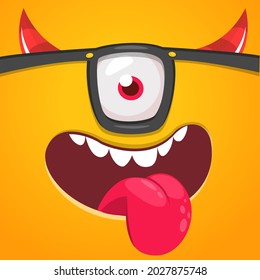 Funny cartoon monster face showing tongue. Illustration of cute and happy mythical alien creature expression. Halloween or package design
