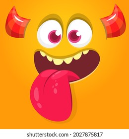Funny cartoon monster face showing tongue. Illustration of cute and happy mythical alien creature expression. Halloween or package design