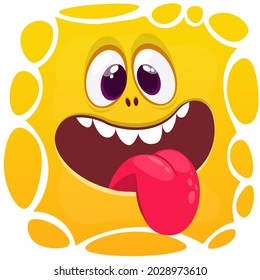 Funny cartoon monster face showing tongue. Illustration of cute and happy mythical alien creature expression. Halloween or package design