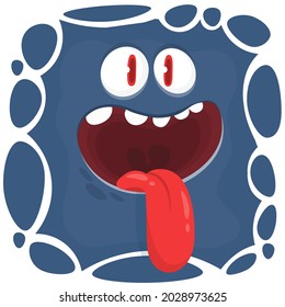Funny cartoon monster face showing tongue. Illustration of cute and happy mythical alien creature expression. Halloween or package design