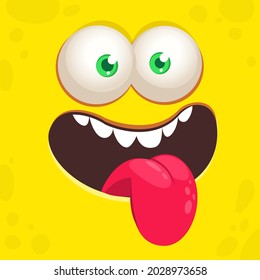Funny cartoon monster face showing tongue. Illustration of cute and happy mythical alien creature expression. Halloween or package design