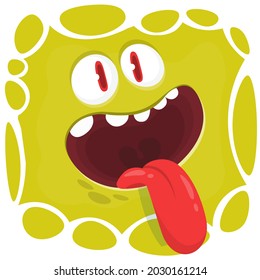 Funny cartoon monster face showing tongue. Illustration of cute and happy mythical alien creature expression. Halloween or package design