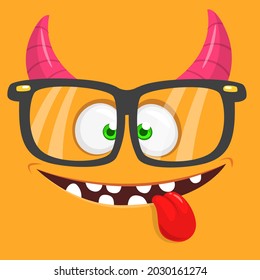 Funny cartoon monster face showing tongue. Illustration of cute and happy mythical alien creature expression. Halloween or package design