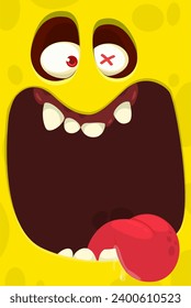 Funny cartoon monster face showing tongue.  Illustration of cute and happy monster expression.
 Halloween design. Great for party decoration